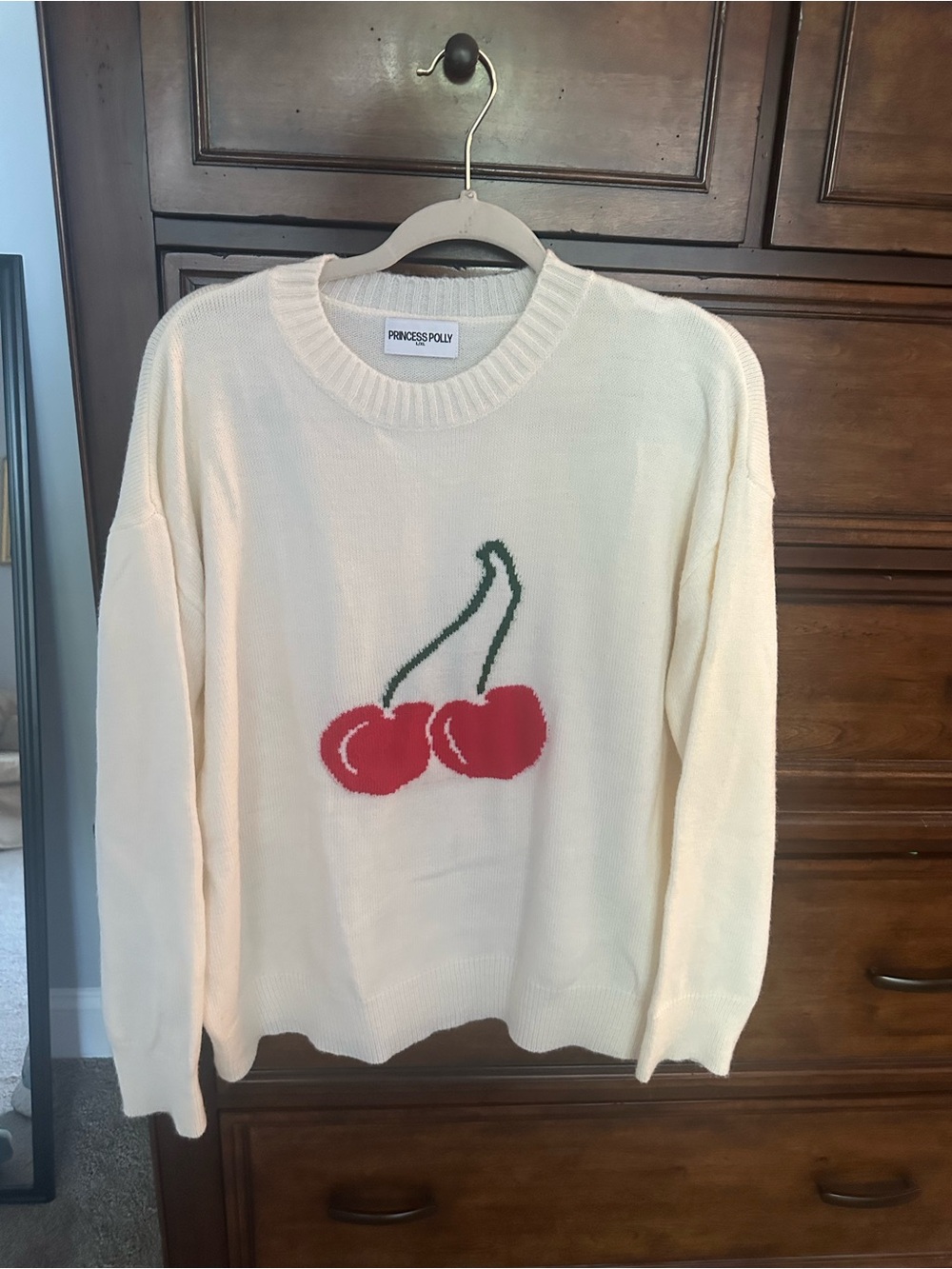 Princess Polly Cream Sweater with Red Cherry Motif